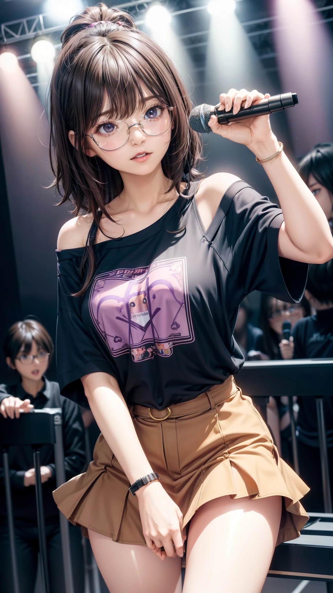 8K quality、High definition eyes、One woman、Brown short hair、Purple extensions、Brown eyes、Black-rimmed glasses、Ring piercing of the earlobe、Holding a microphone、Sing a song、Dancing and singing in a nightclub、Sweat、Oversized off-the-shoulder T-shirt that hangs down to the chest、Short frill skirt、Beautiful legs、Beautiful thighs、Shot from above