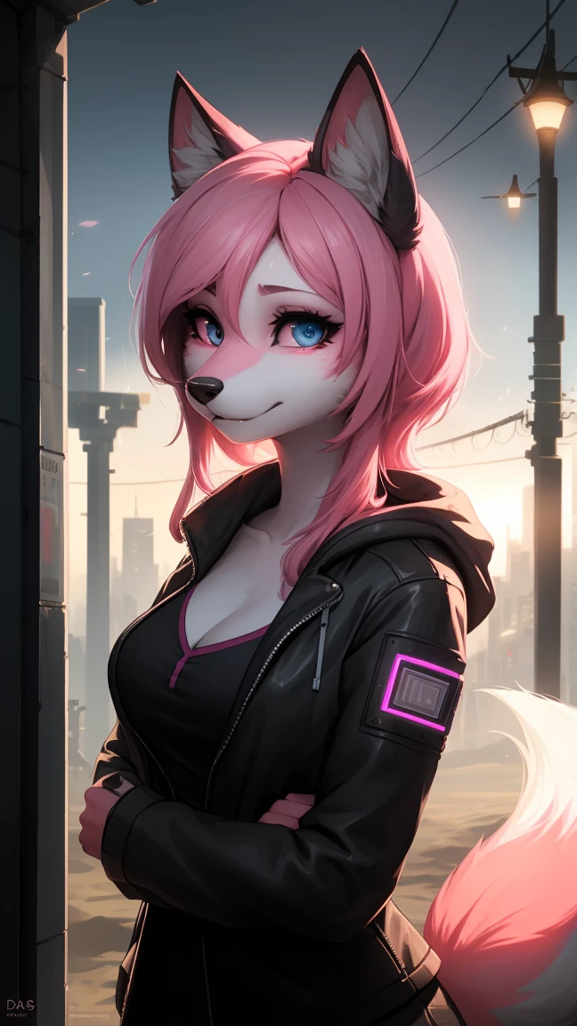 Cyberpunk fox, Beautiful light and shadow on a beautiful face with light pink hair、Ambientebeleuchtung am Strand、Ultra-fine fur、Das volumetrische Licht ist sehr detailliert，Furry art of the highest quality