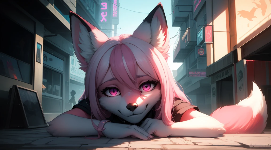 Cyberpunk fox, Beautiful light and shadow on a beautiful face with light pink hair、Ambientebeleuchtung am Strand、Ultra-fine fur、Das volumetrische Licht ist sehr detailliert，Furry art of the highest quality