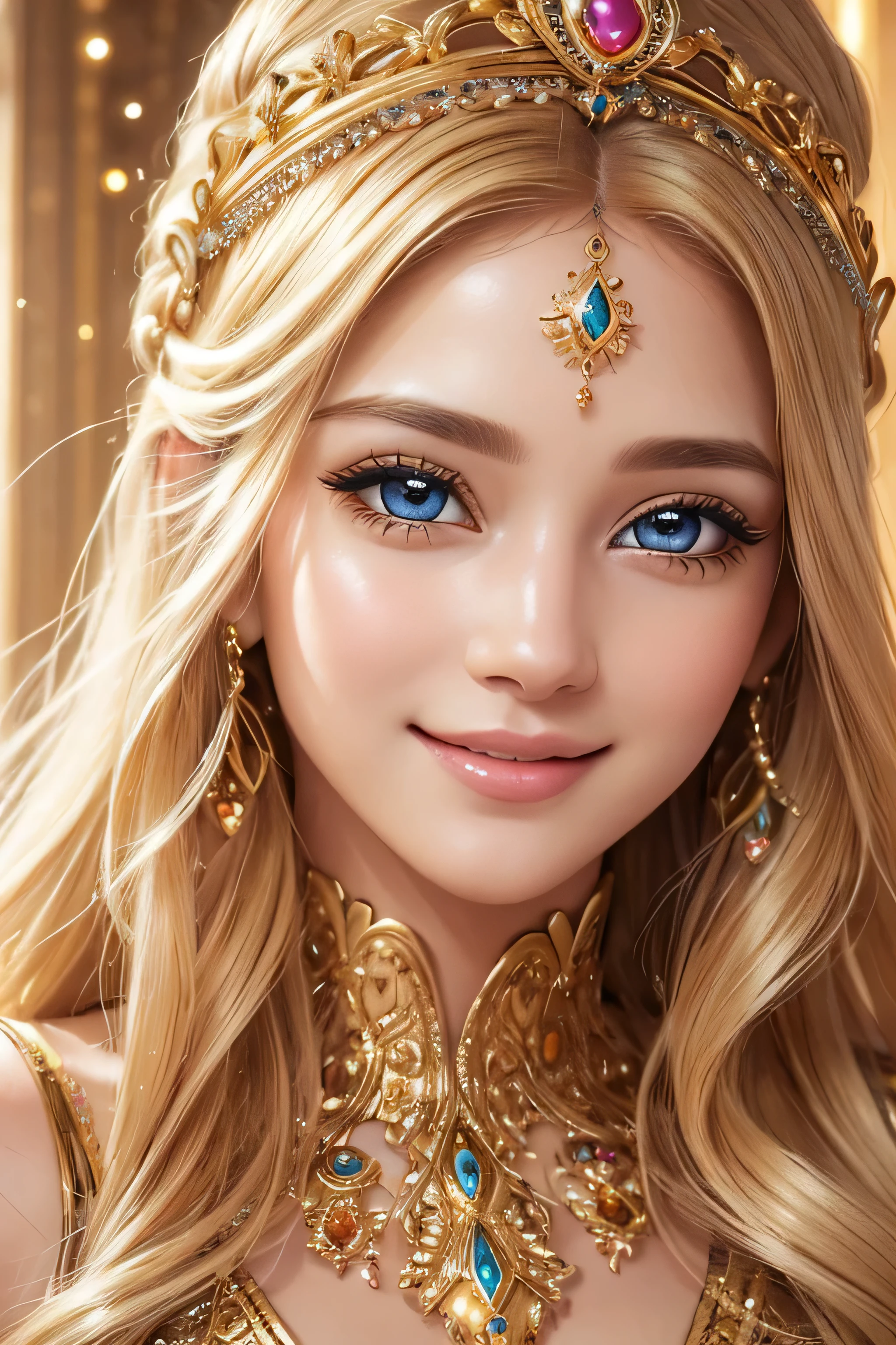 (best quality,ultra-detailed,realistic:1.37),portrait,beautiful detailed eyes,beautiful detailed lips,extremely detailed eyes and face,long eyelashes,golden hair,goddess with golden dress,smiling,white skin,rainbow-colored background,joyful expression,soft lighting,ethereal atmosphere,vibrant colors
