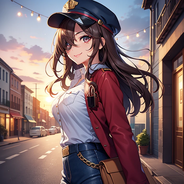masterpiece, best quality, high resolution, UHD, 8k, ((cowboy shot)), BREAK, 1 girl, ((girl style anime)), Glossy skin, ((((lock of hair covering one eye)))), rounded eye, beautiful eyelash, realistic eye, beautiful woman, with brown eye, long hair, curly hair, brown hair with red money piece highlights, with two white highlights in the fringe, perfect body, medium breasts, BREAK, detailed clothes, beautiful face, (seductive smile:1.2), postman woman, with mailman cap, wearing mailman uniform, BREAK, standing in front of the spectator, handing a card with both hands stretched towards the spectator, with a street as a background.