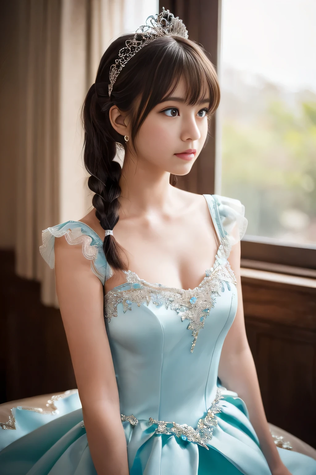 ((Tabletop:1.4, highest quality)), (Realistic photos:1.4), 
((1 girl)), (Adorable idol), (dream-like),
(超High resolution:1.2), Very delicate and beautiful, wonderful, very detailed Cg Unity 8K wallpaper, Very detailed, High resolution, 
Soft Light, Beautiful detailed girl, Very detailedな目と顔, Beautiful and detailed nose, Beautiful and detailed, 
(Wearing a princess dress:1.3), 
Cinema Lighting, Perfect Anatomy, Slender body, (Twin tails), (Parted bangs),
(Relax in your room:1.3), (window),
Cowboy Shot, Looking at the audience, (Serious face)
