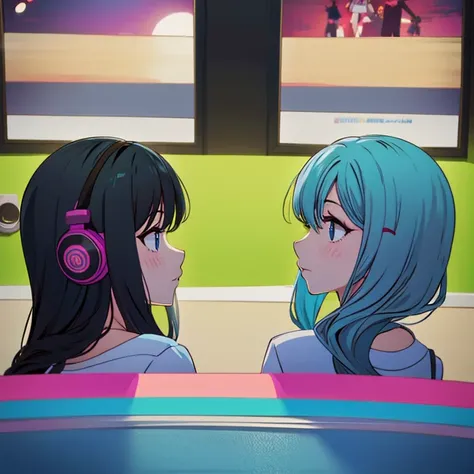 two anime girls in headphones are playing music on a turntable, anime vibes, anime style 4 k, ig studios anime style, nightcore,...