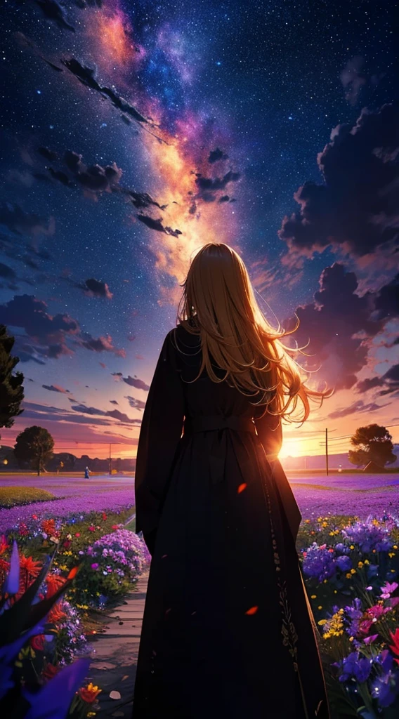 1people々々々々々,Blonde long-haired woman,Long coat, Dress Silhouette, Rear View,Space Sky, Flower Field,Colorful flowers