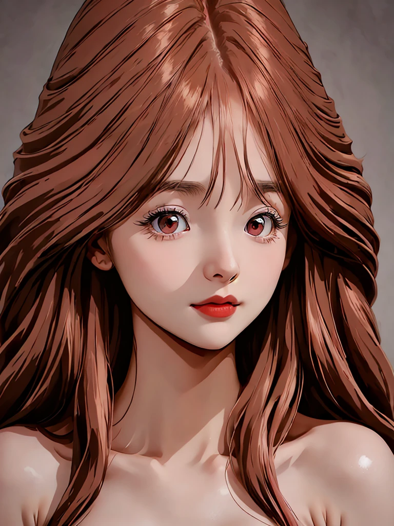 (best quality, highres), ultra-detailed, realistic, solo, 1girl with long red hair, parted lips and pink eyes, looking directly at the viewer. The girl has beautiful long eyelashes and wears a seductive expression. Her hair falls gently between her eyes, framing her face perfectly. The portrait focuses on her upper body, showcasing her collarbone and a hint of cleavage. The vibrant red hair complements her red eyes. The lighting emphasizes the intricate details of her face, creating a photorealistic effect. The overall color tone of the image leans towards warm and vibrant hues, enhancing the intensity of the girl's gaze.