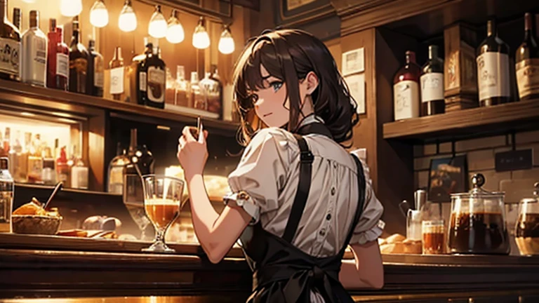 masterpiece, best quality, insanely detailed, beautiful, european, american, Heartwarming Scene, cafe, bar, Female Barista