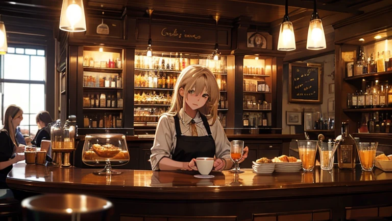 masterpiece, best quality, insanely detailed, beautiful, european, american, Heartwarming Scene, cafe, bar, Female Barista
