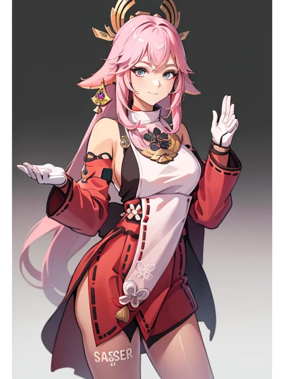 Meisterwerk, best quality, 1 girl, Allein, Anime-Serie, ((yae miko, zucken \(Kleidung\), rosa body, Handschuhe)), Cowboy-Schuss, White background