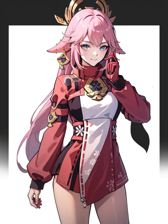 Meisterwerk, best quality, 1 girl, Allein, Anime-Serie, ((yae miko, zucken \(Kleidung\), rosa body, Handschuhe)), Cowboy-Schuss, White background