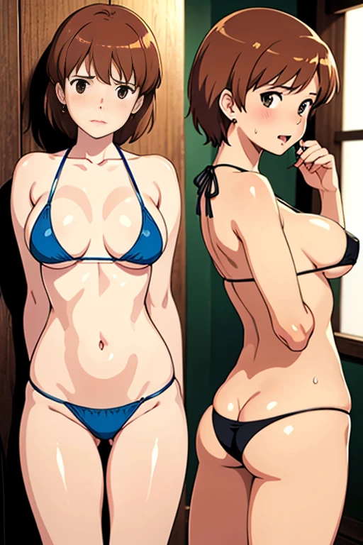 Matching Image, (masterpiece, highest quality, High resolution, 8k, High quality anime illustration, Realistic), Young Nausicaa, very cute, Sad expression, Pure, Baby Face, blush, alone, Brown Hair, short hair, Red Gem Earrings, Open your mouth, Drooping tongue, Drooling, Female face, Moist eyes, Open your mouth a little, (Looking at the audience), Cleavage, Beautiful breasts, (Large mesh micro bikini underwear, Thong, Mesh underwear), Perfect beauty, Slim body, Sweat, Luxury hotel suites, (Perfectly detailed anatomy, Beautiful and elaborate face&eye:1.5, Shiny skin, Perfect body)、Beautiful buttocks, Put your hands behind your head, Stick your butt out, 横eye, I want to see the whole body