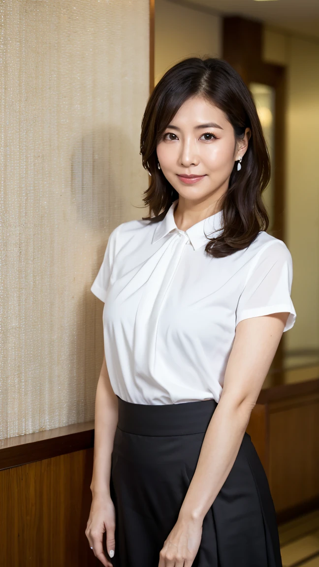 High resolution, highest quality, masterpiece, Textured skin, Anatomically correct, sharp, (((Full body photo))), (Shooting from the side), (Alone in the hotel lobby), (walking), ((Japanese Mature, 42 years old)), Nasolabial folds, Black straight hair, Semi-long hair, (Plump figure:1.3), Shapely small breasts, (Looking at the camera), Serious expression, (Business look), ((teacher)), Collared shirt, Short sleeve, Formal tight skirt, pumps, necklace, Earrings