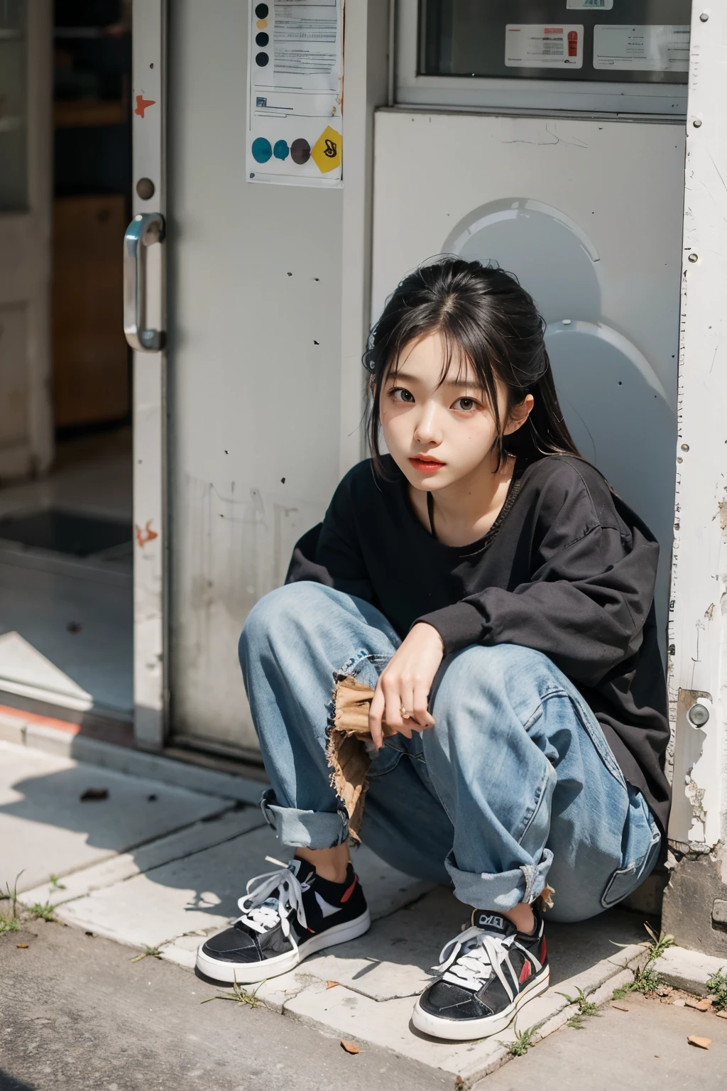 She is Korean, has black hair and black eyes, and is 20 years old., She is wearing torn and dirty clothes. She is begging in a bustling metropolis., There is trash and filth all around her..