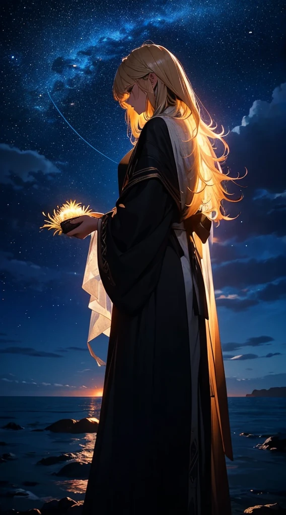 1people々々々々々々々々々々々々々,Blonde long-haired woman,Long coat, Dress Silhouette, Rear View,Light overflowing from the palm of your hand,Space Sky, The boundary between sea and space,