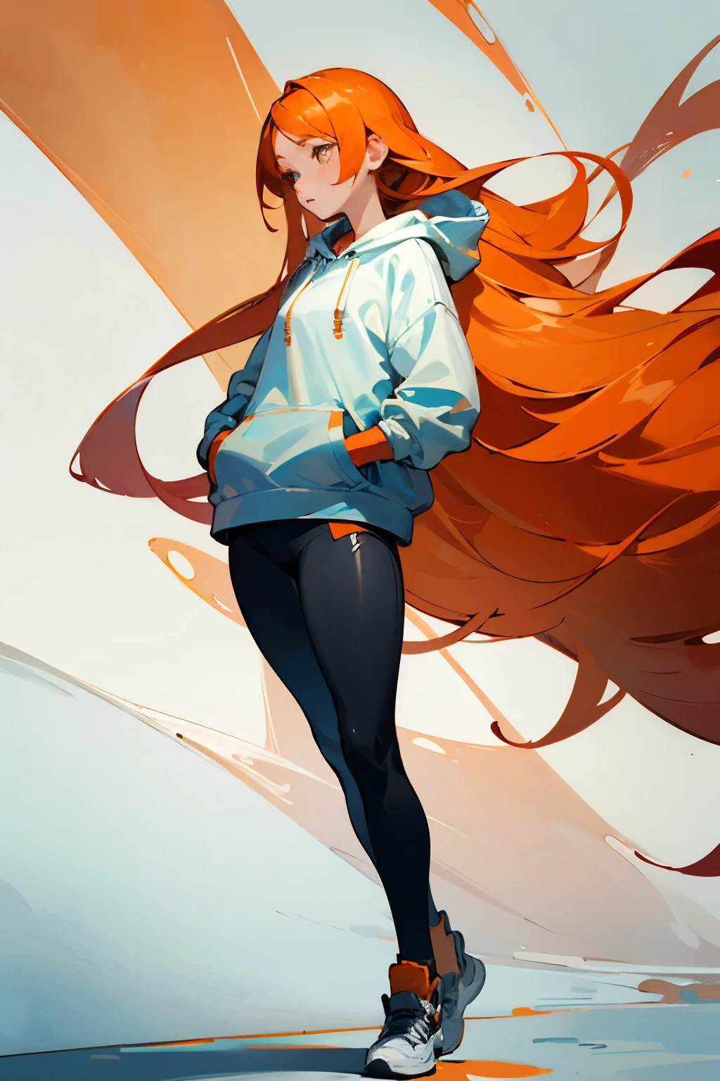 ((best quality)), ((masterpiece)), (detailed), girl, orange hair, long hair, skinny figure, leggings, hoodie, hands in pocket,