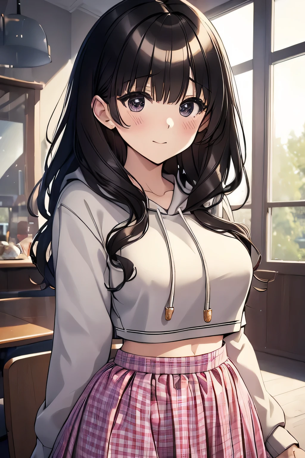 ()，（​masterpiece，Highest Quality），Crop Top Look，Pastel Hoodie，(gingham checked skirt)，A dark-haired，World of toys, lifting the skirt, revealing her private area