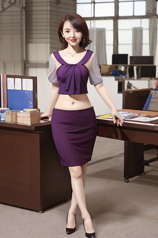 Girl in crop top dress, showing navel, exposed abdomen area around belly button, (low waist skirt showing navel), hand bag, office, 45 year-old, office workers