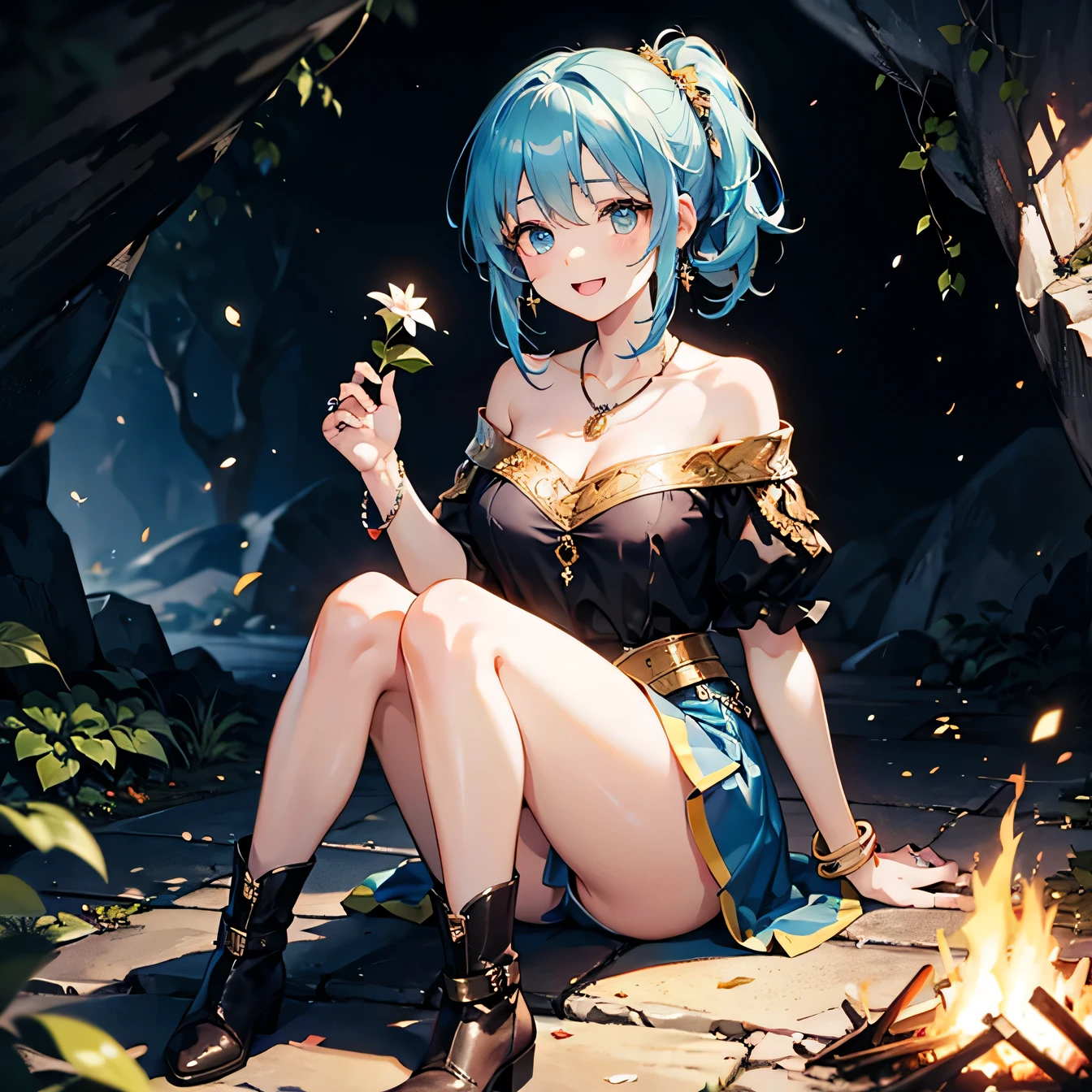 Anime Moe Art Style,highest quality,High resolution,Anatomically correct,One Girl,Mid-s,A girl with light blue hair in a ponytail,Super detailed,Fantasy-inspired costumes,off shoulder tops,mini skirt,short boots,Big Breasts,Laughing with your mouth open,Bright smile,A rich expression,Sitting directly on the ground,Sitting with knees hugged,Having a bonfire,There is a bag of herbs on the ground nearby.,Inside the cave,Eyes drawn in detail,hair ornaments,necklace,bracelet,ring,8K