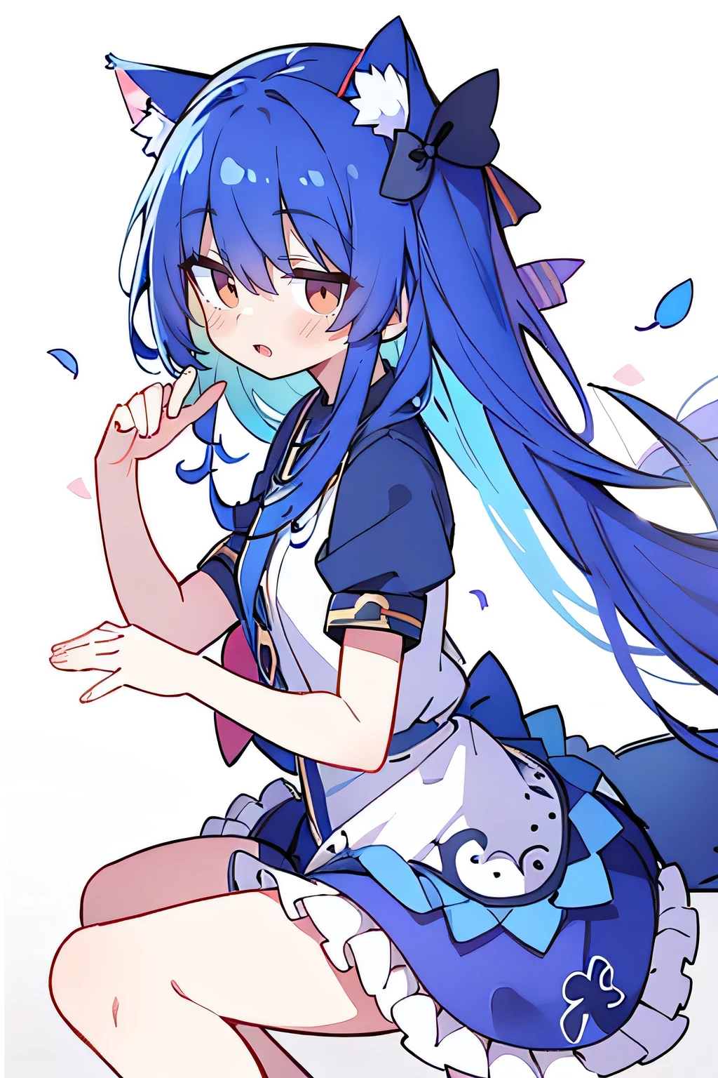（masterpiece：1.2），Super detailed，lifelike，Expressive eyes，fair skin，perfect face shape，1 girl，
Japanese comics,Gorgeous blue hair,flowing blue hair,flowing clothes,Cat ears,Petals fall,beautiful lola,Baby Angel,
Shaking head with one hand，Lying gracefully on the ground，Cross your legs，Gentle and peaceful background，The pavilion is cool and comfortable,smile.