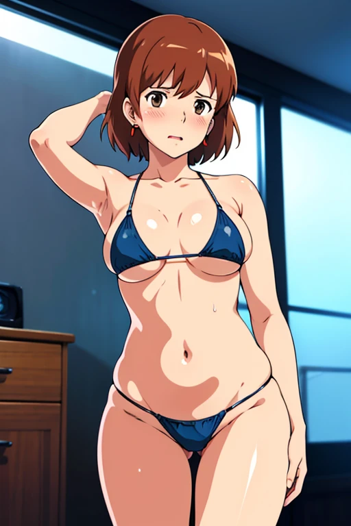 (masterpiece, highest quality, High resolution, 8k, High quality anime illustration, Realistic), Nausicaa, very cute, Sad expression, Pure, , blush, alone, Brown Hair, short hair, Red Gem Earrings, Ahegao, Open your mouth, Drooping tongue, Drooling, Alluring, Moist eyes, Open your mouth a little, (Looking at the audience), Cleavage, Beautiful breasts, (Sexy Lingerie, Body stockings, Ultra micro bikini underwear, T-back shorts, Mesh Shorts), Perfect beauty, Slim body, Sweat, Luxury hotel suites, (Perfectly detailed anatomy, Beautiful and elaborate face&eye:1.5, Shiny skin, Perfect body)、Beautiful buttocks, Place one hand behind your head, Place your other hand on your hip, Wiggle your hips, Beautiful feet, 横eye, I want to see the whole body