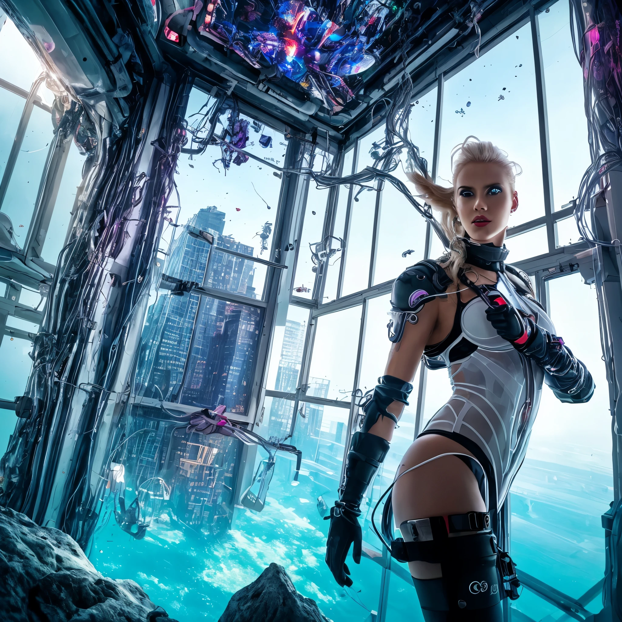 A clown in menacing pose, Dreadlooks of thick and long technological cables, corpo musculoso, olhos brilhantes, uma loira, slim woman with amazing appearance, usando vestido curto branco transparente, fundo composto por uma grande janela com tela de vidro, An apocalyptic world with starry sky, Azul, preto e cinza, smoke, fogo, navios, Futuristic buildings, a small tree inside an incubator in the indoor environment the window, paredes futuristas, objetos de alta tecnologia, a small pool with crystal clear water, fundo roxo, red liquid, vidro quebrado, caixa de vidro, oxygen mask, potes futuristas, Cinematic Light, Clear image, membros perfeitos, rostos perfeitos, imagem sem desfoque, imagem profissional, PERNAS INTEIRAS, INNER ARMS, IMAGEM PERFEITA, Clear image, IMAGEM DECENTE, boa qualidade, BEM ACABADO, melhor qualidade, obra de arte, high resolution, 8k, hyper-imagem realista, foto profissional, imagem realista, Full body view, angle from bottom to top