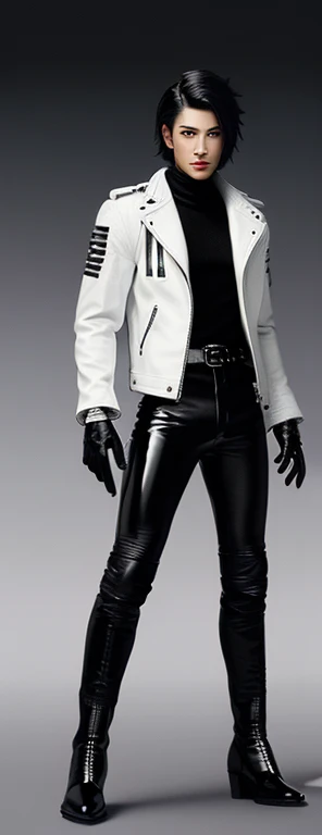 Final Fantasy-style graphics, young, Cute and cool Japanese boys, Thin eyebrows and big eyes, He is wearing a shiny white single-breasted leather jacket.......。Biker style leather jacket、 with epaulettes, The jacket is zipped up, The jacket pockets are black., The jacket has a high stand-up collar with a belt, Also wearing a black turtleneck, Black Leather Pants, Thin black leather gloves on both hands, Black leather knee-high lace-up boots, Show me your whole body from head to toe, Final Fantasy Style、((good looking))、((good looking))、((Clear eyes and nose))、((Shiny white single leather jacket))、((The jacket must be white.))、((The jacket has epaulettes))、((Jacket has a high stand-up collar and belt))、((The jacket has a black pocket))、((Black turtleneck shirt))、((Black Leather Pants))、((Always wear shiny black leather gloves on both hands))、((Cover all fingers on both hands with gloves))、((Black lace-up leather long boots))、((View full-body images from a distance))、Realistic image quality and texture、In a small cell、close your eyes、A kind smile、((The front of the jacket is closed with a zipper))、((No exposed skin below the neck))、((round face)、((Short Hairstyleedium build))、((Upright posture))、((Don't sit))