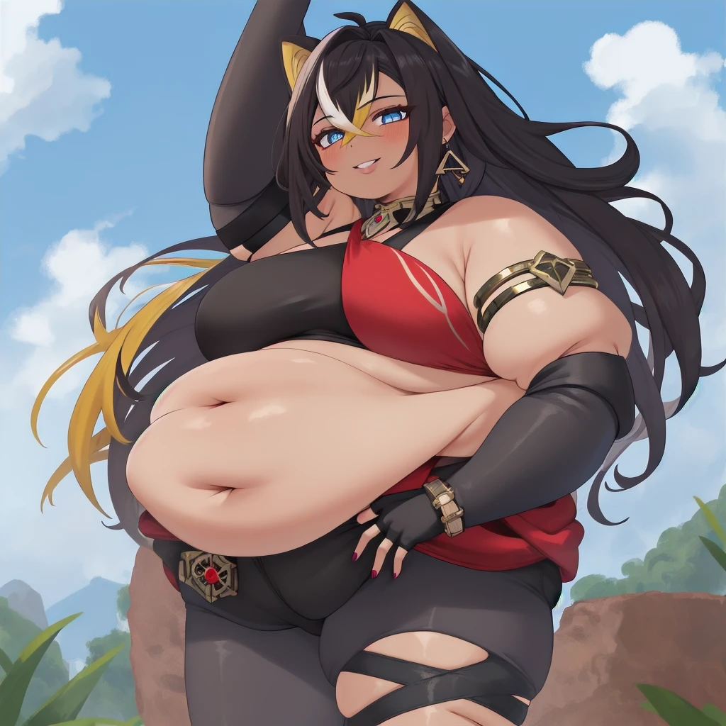 best quality, masterpiece, highres, solo, { obese dehya_genshin:1.15}, obese body, multicolored_hair, long_hair, bangs, blue_eyes, streaked_hair, dark_skin, blonde_hair, black_hair, hair_between_eyes, jewelry, crossed_bangs, halterneck, earrings, animal_ears, breasts, smile, brown_hair, navel, obese stomach, thick thighs, fat arms, big cheeks, fat thighs, big butt, large_breasts, hair_intakes, obese 1girl, blue_sky, gloves, sky, looking_at_viewer, outdoors, cloud, day, bare_shoulders, black_gloves, fingerless_gloves, armlet, medium_breasts, parted_lips