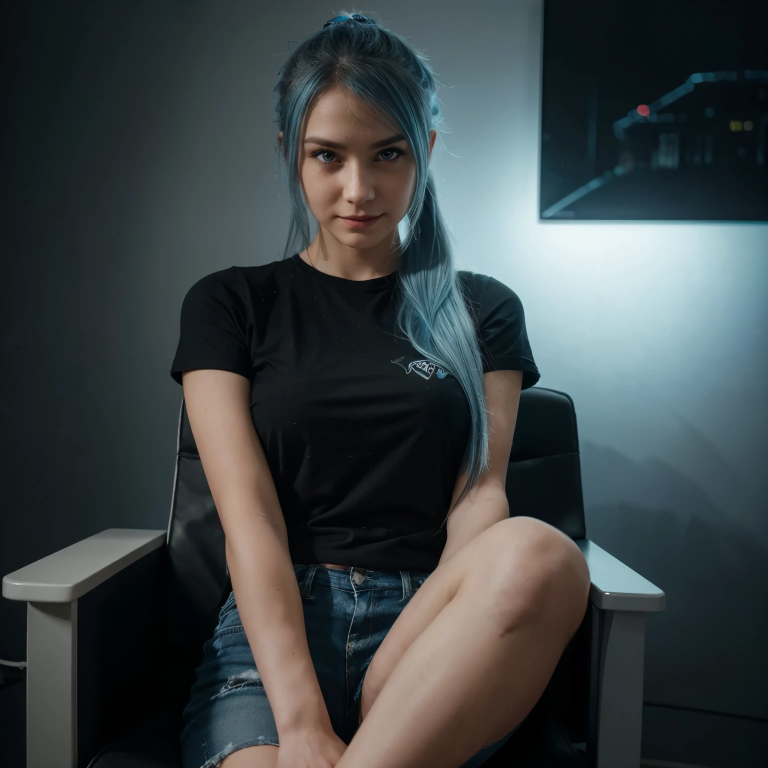 holding her hair, cute pose, sexy nerdy gamer girl, light blue long hair, front view, wearing jeans. realistic, light blue hair, ponytail, makeup, evil smile, shy, Surrealism, high detail, depth of field, cinematic lighting, reflection light, glowing light, UHD, retina, masterpiece, accurate, textured skin, super detail, high quality, high details, best quality, highres. A photo of sexy European girl sitting in gaming chair, wearing black shirt. wearing black shorts.  girl named Eva. 22Years old. sexy face