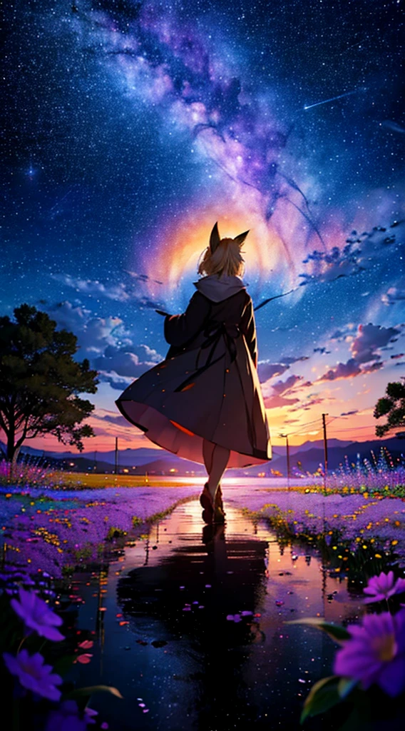 １people々々々々々々々々々々,Woman with medium length blonde hair，Fox Ears，Long coat，Takageta， Dress Silhouette， Rear View，Space Sky, Flower Field，Colorful flowers，Dancing Petals，Fantastic scenery，