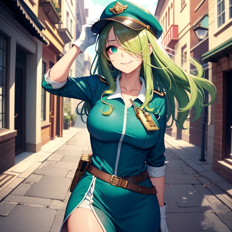 masterpiece, best quality, high resolution, UHD, 8k, ((cowboy shot)), BREAK, 1 girl, ((girl style anime)), Glossy skin, ((((lock of hair covering one eye)))), rounded eye, beautiful eyelash, realistic eye, beautiful woman, with green eye, long hair, curly hair, green hair, with two white highlights in the fringe, perfect body, medium breasts, BREAK, wearing white gloves, detailed clothes, beautiful face, (seductive smile:1.2), postman woman, with mailman cap, wearing mailman uniform, BREAK, standing in front of the spectator, handing a card with both hands stretched towards the spectator, with a street as a background.