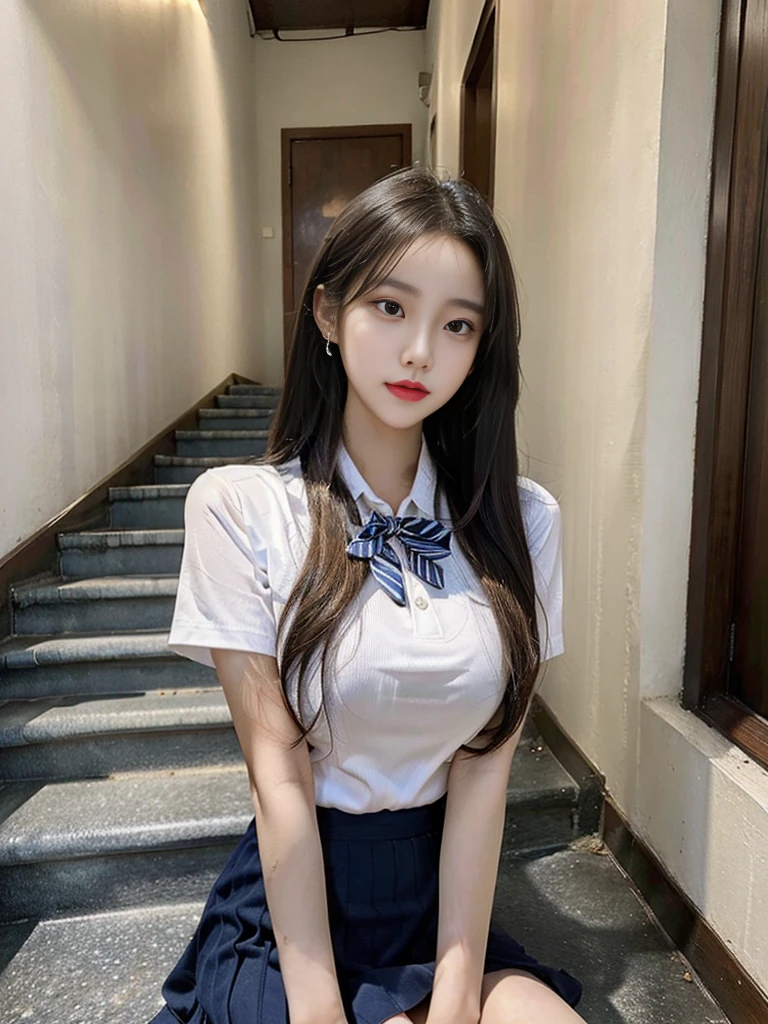 (best quality), high quality, very high resolution, (ultra detailed), 8k, (hyper realistic),Ray Tracing, korean , Summer Shirts, Ribbon tie, skirt, Light Blonde, School stairs, going down School stairs, Chest thrust pose, Breast-flaunting pose,Cool Korean 16 year old, Very small breasts, Beautiful eyes in every detail,Beautiful and slim legs, Beautiful and thin thighs, Random Medium Hair, Tie your hair behind your head, Earrings,