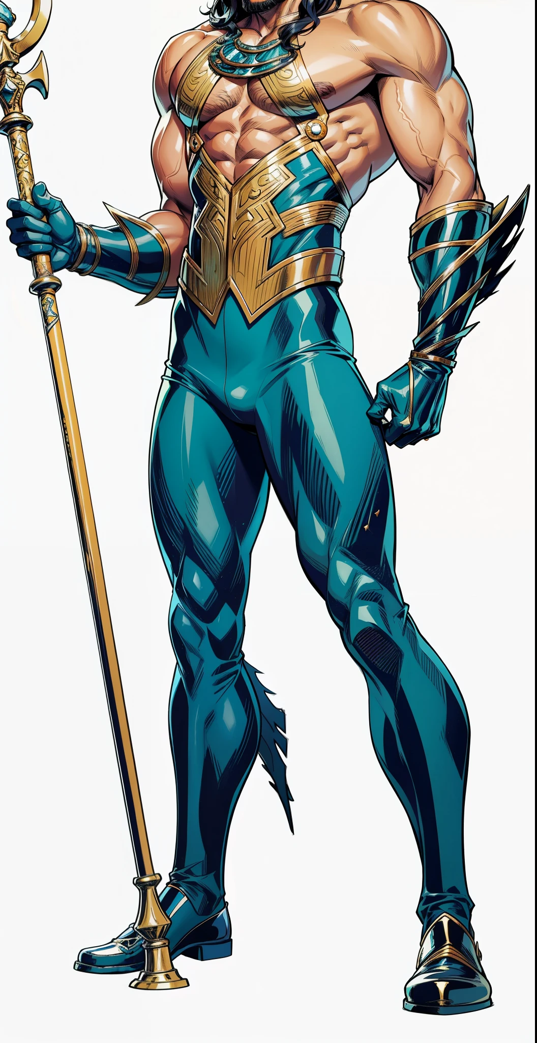 Aquamen, extremamente realista, Jason Momoa, roupas realista, Tridente de ouro, bonito, cabelo loiro, barba loira