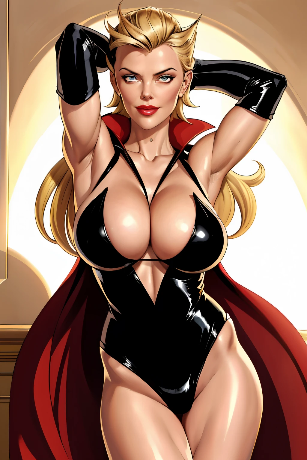 ((highest quality)), ((masterpiece)), (be familiar with), (High definition), Cinematic, (Complex:1.4), Best Shadow, Side lighting, 8K, ((Charlize Theron)), ((Doronjo)), Perfect Face, Detailed, (Accurate hand and finger depiction), ((Doronjoのマスクとコスチューム)), (Blonde Long Hair), Beautifully long red nails, deep red lipstick, (Voluptuous body), (Large Breasts)、(Cleavage), Narrow waist, Big Ass, Alluring, glamorous, Smile, ((Arms crossed)), (Chest up:1.2), Flattering pig