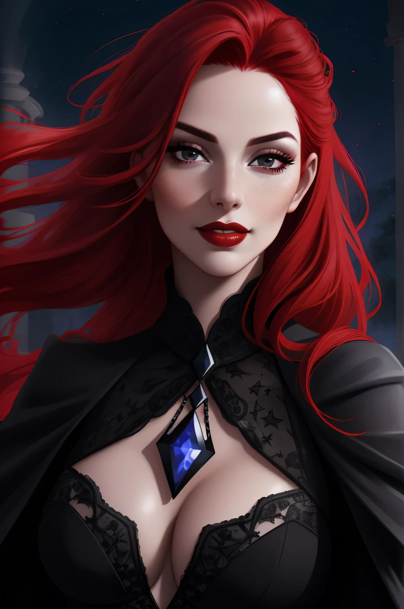 ((vivid red hair)), mature woman, 30 years old, diamond face, red starry sky background, depth of field, magic, big red lips, ((dark and black eyes)) black and red long and full dress, covered chest, mystical atmosphere, ominous shadows, Intense blue aura, Intense red aura (best quality:1.2), absurdres, intricate details, (highly detailed skin:1.2), smile expression, posing, taut and well defined body, attractive. Highly realistic, white skin, beautiful, hyperrealism, skin very elaborated, direct gaze,
