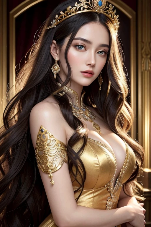 Absurd, ultra-detailed, high quality, masterpiece, detailed face, beautiful eyes(detailed eyes), Greek mythology, Goddess, Hera , the queen of the gods, striking and captivating, features are classically beautiful, with high cheekbones, a perfectly proportioned face, eyes depicted as large and captivating, hold an intense gaze, golden hair , Gole hair is luxuriant and flowing, cascading down her back in waves,wearing elegant robes adorned with intricate patterns ,Her beauty is not merely superficial but embodies the essence of power, authority, and regality.