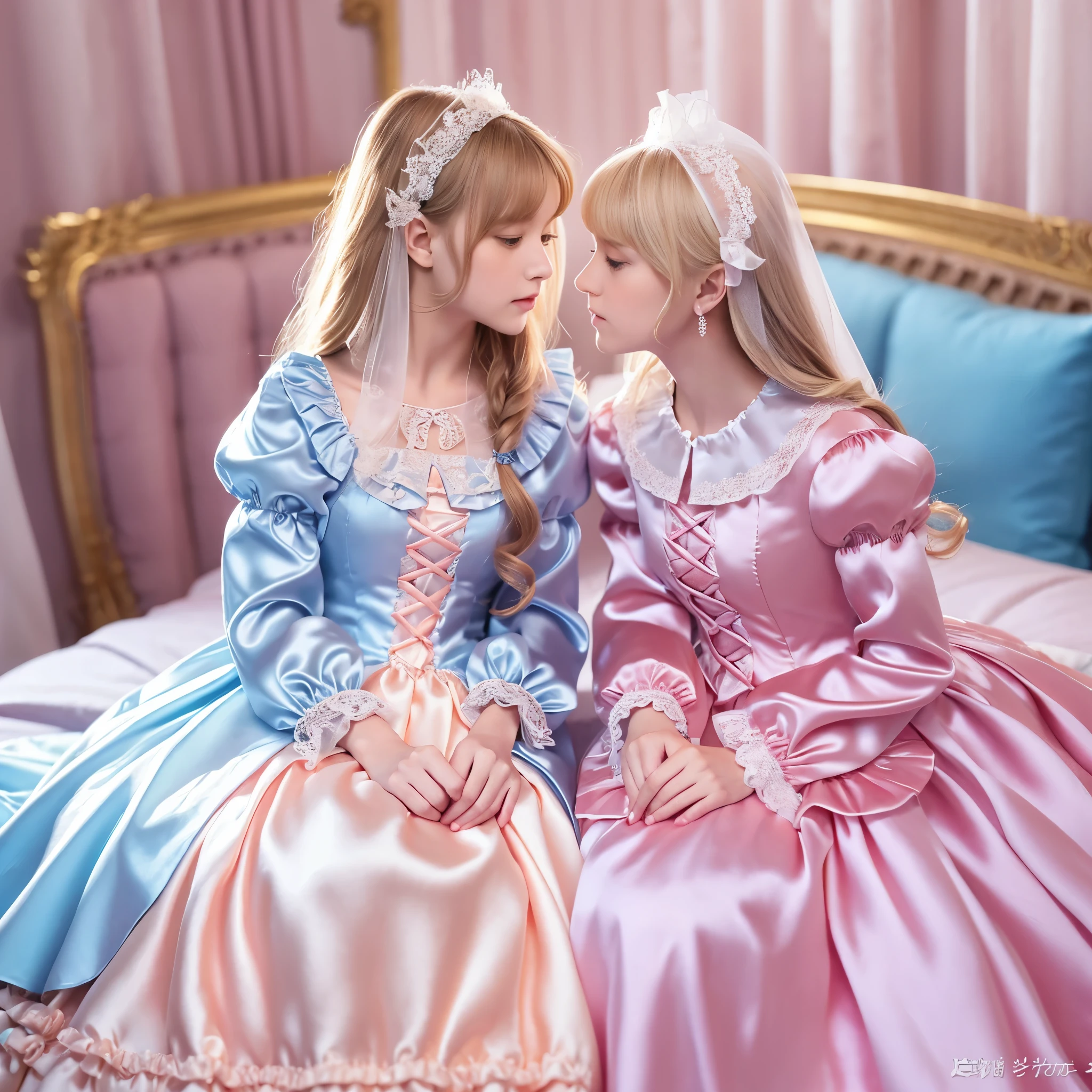 ,highest quality, masterpiece, Highest Resolution, artwork, super それにGet used to it, many Get used to it, Get used to it, それにGet used to it, 3K realistic photos,,((女の子)),Super detailed baby face,Trls are princesses,Full-length ball gown dress with hoop skirt,Frilled yoke collar,Puff sleeves,Long sleeve,((Lolita style hot pink detailed princess satin dress、Lots of frills and ribbons。)),colorful rococo fashion,shiny satin dress,Soft and smooth fabric,luxury,Long blonde hair,blue eyes,white skin european,pajamas,((Inside the palace)),,,(( 10 year old)),Super by face,Full-length ball gownth hoop skirt,Long skirt,Frilled yoke collar,Puff sleeves,腰まで伸びるLong blonde hair,blue eyes,white skin european,pajamas,((Inside the palace bedroom)),シルクサテンのluxuryなCanopy bedの上,Canopy bed,Gorgeous curtains on either side of the bed,There were a lot of frilly pillows on the bed.,Highly detailed background,Detailed bed,Romantic atmosphere,Two little princesses on the bed,((((Her leghidden inside the dress)))),The dress is spread out on the bed,Soft silk satin comforter in pastel colors,Pastel colored silk satin bed sheets,Soft silk satin ruffle pillow in pastel colors,Beautiful girl illustration,Beautiful detailed face Detailed hair,Detailed human eye ,Mouth details, Arm details,Beautiful Hands,Detailed pillow,