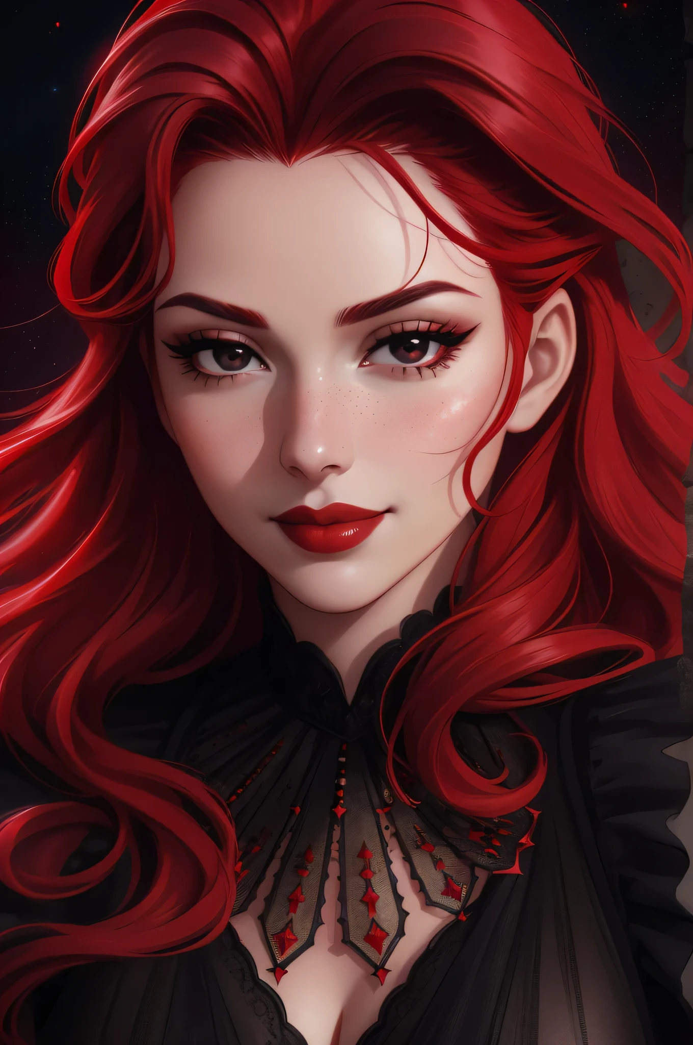 face close up, portrait shot, ((vivid red hair)), mature woman, 30 years old, diamond face, red starry sky background, depth of field, magic, big red lips, ((dark and red black eyes)) black and red long and full dress, covered chest, mystical atmosphere, ominous shadows, Intense blue aura, Intense red aura (best quality:1.2), absurdres, intricate details, (highly detailed skin:1.2), smile expression, posing, taut and well defined body, attractive. Highly realistic, pale skin, beautiful, hyperrealism, skin very elaborated, direct gaze, backwards, looking back