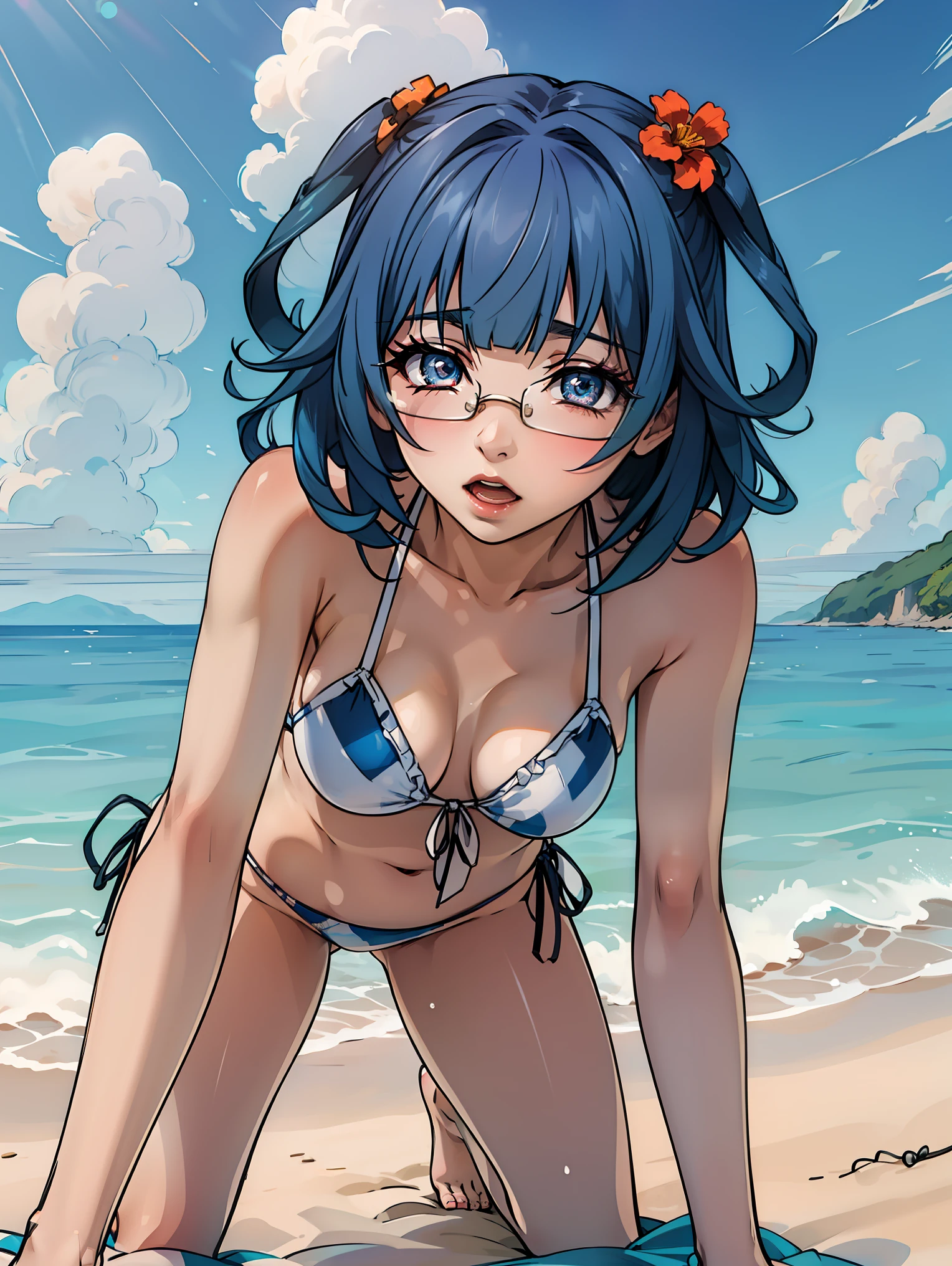 sarashiki kanzashi,1girl,solo,short hair,blue hair,red eyes,glasses,bangs,medium hair,
BREAK (front-tie :1.2),
BREAK (outdoor,Blue sky,White cloud,beach,shore,seawater:1.2)
BREAK , , , licking top-down bottom-up,
BREAK (masterpiece:1.2), best quality, high resolution, unity 8k wallpaper, (illustration:0.8), (beautiful detailed eyes:1.6), extremely detailed face, perfect lighting, extremely detailed CG, (perfect hands, perfect ),
