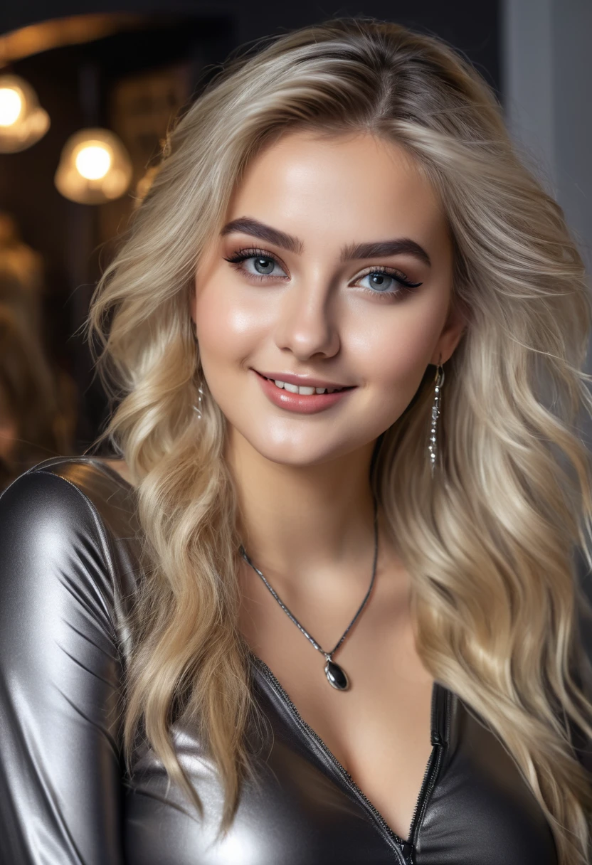 hyperrealistic beautiful busty 18-year-old women in shiny longsleeve top and leather leggins, model shooting full body photography, dyed platin-blonde very long messy hair, dark eye makeup with eyeliner, seductive smile, small necklace and earrings, 8K, best quality, Meisterwerk, ultra high resolution, (Realismus: 1.4), Originalfoto, (realistische Hautstruktur: 1.3), (Filmkorn: 1.3), (Selfie-Winkel), 1 girl, Beautiful round eyes and facial details, Meisterwerk, best quality