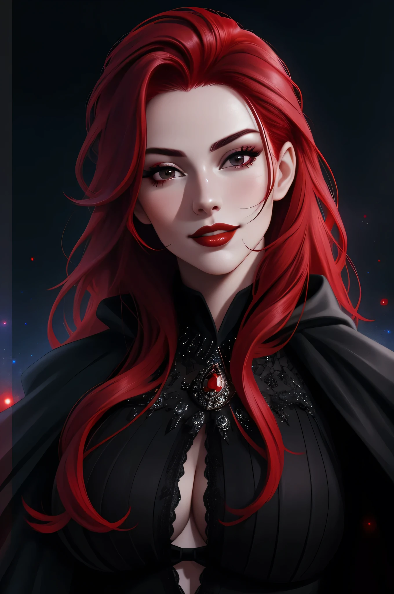 ((vivid red hair)), mature woman, 30 years old, diamond face, red starry sky background, depth of field, magic, big red lips, ((dark and black eyes)) black and red long and full dress, covered chest, mystical atmosphere, ominous shadows, Intense blue aura, Intense red aura (best quality:1.2), absurdres, intricate details, (highly detailed skin:1.2), smile expression, posing, taut and well defined body, attractive. Highly realistic, white skin, beautiful, hyperrealism, skin very elaborated, direct gaze,