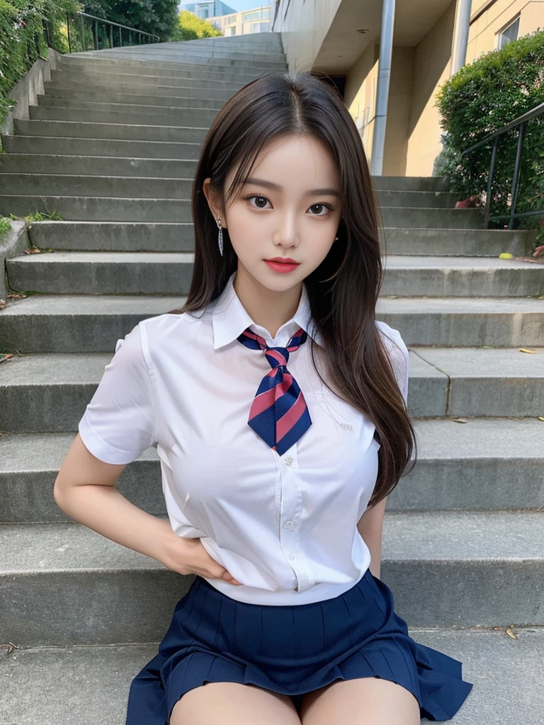 (best quality), high quality, very high resolution, (ultra detailed), 8k, (hyper realistic),Ray Tracing, korean , Summer Shirts, Ribbon tie, skirt, Light Blonde, School stairs, going down School stairs,  thrust pose, Breast-flaunting pose,Cool Korean 16 year old, ((Very small )), Beautiful eyes in every detail,Beautiful and slim legs, Beautiful and thin thighs, Random Medium Hair, Tie your hair behind your head, Earrings,