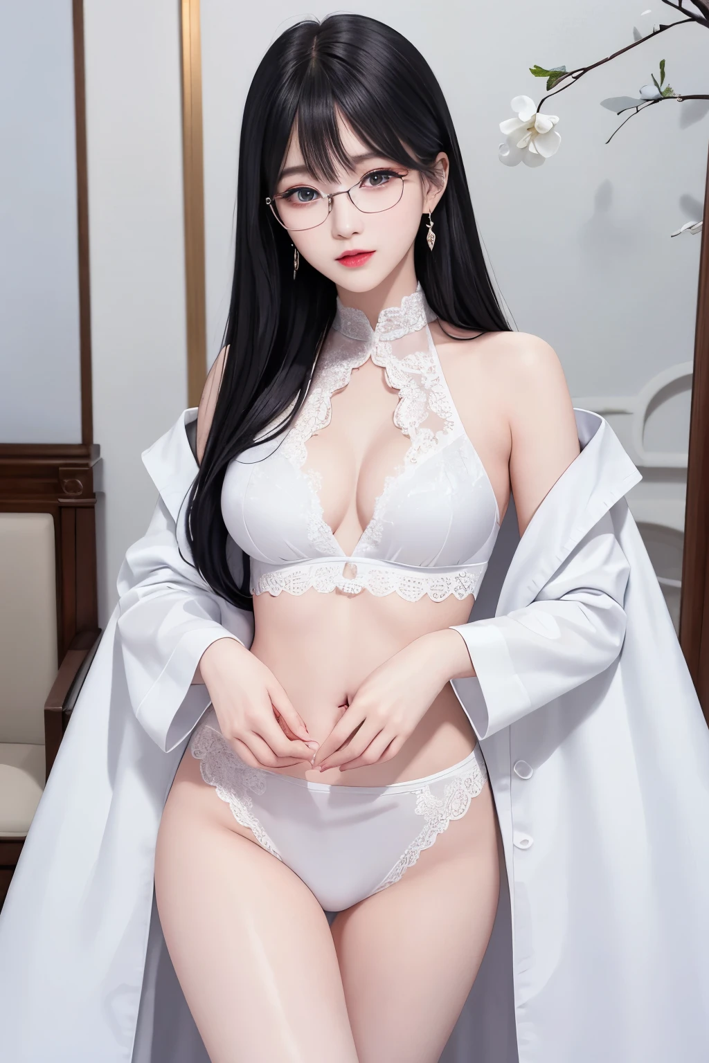 Top image quality、Raw photography、A high resolution、20-year-old cool Korean、big round chest、thin silk coat、lace underwear、Beautiful Eyes of Details、very elongated eyes、Beautiful eyelashes、Beautiful double eyelids、eyeshadows、 wearing super tight mini boxers,long legs,medium thighs, wearing Glasses、beautiful eyes finely detailed、elongated eyes、long eyeslashes、Beautiful double eyelids、eyeshadows、earrings、shiny white skin、chuppy,