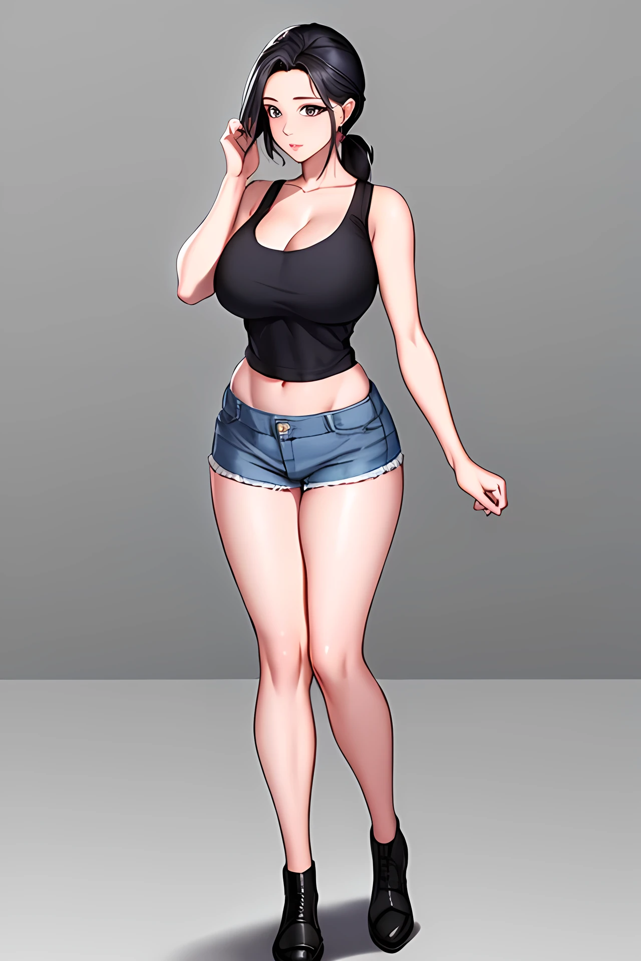 The beautiful, (tmasterpiece:1.2), (Best quality at best:1.2), perfect eyes, s the perfect face, perfect litthing, 1个Medium Breast Girl, Sam, full body, metathorax, black in color, , black hair, Crop top, cutoff point, Denim, denim short, facing away, has cleavage, high legs, high legs, long whitr hair, median furrow, , Micro shorts, , pony tails, shorter pants, shorter pants, Side breasts, Background with, Alone, vests, upper legs, Tong, underbust, underdressing, venue, grassy, full body, humongous large breast, Wide hips, Place your arms at your sides