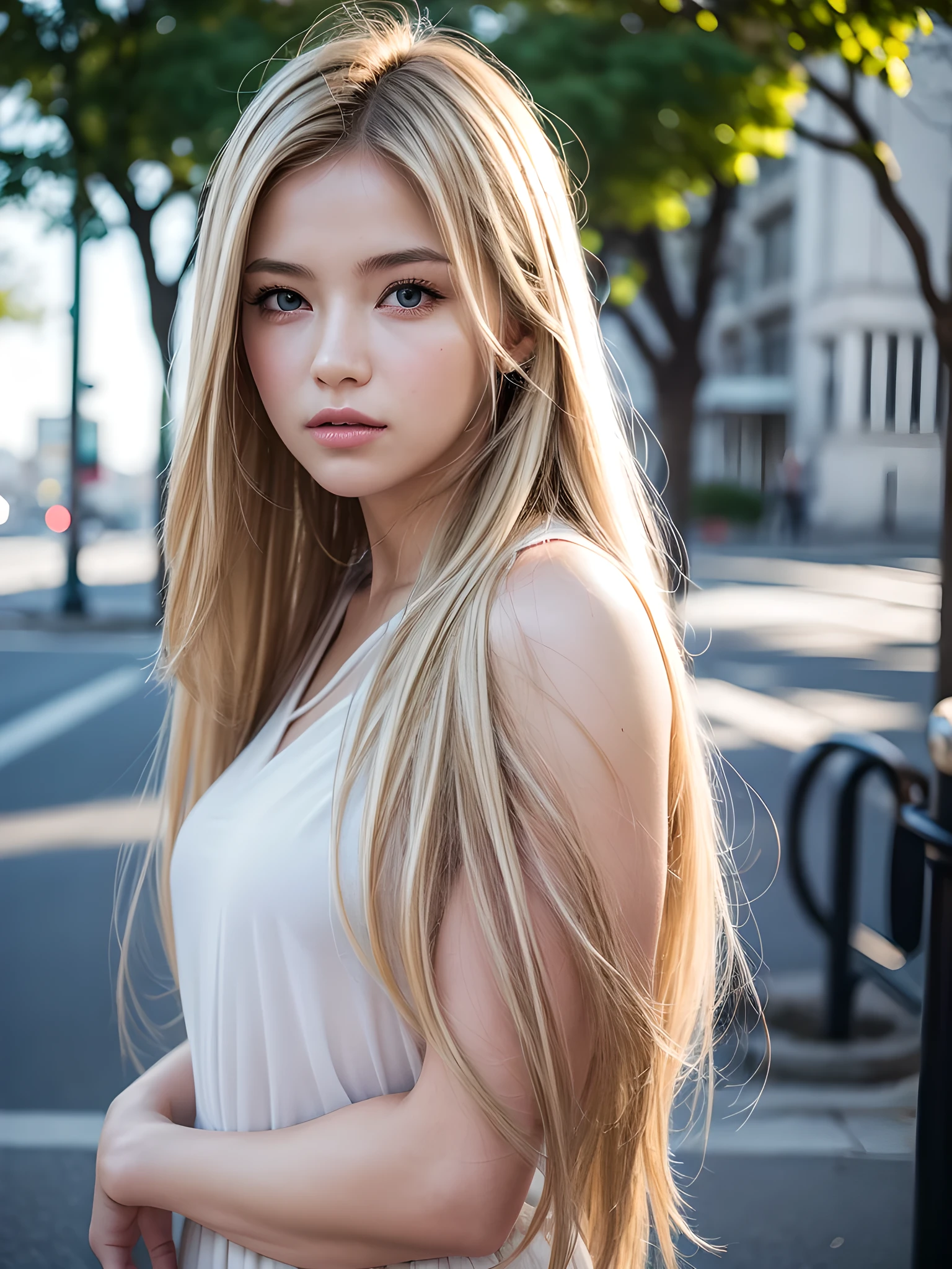 best qualtiy, masterpiece, (realistic:1.6), raw photograph, 1girl, portrait, view from front, deep shading, low tune, soft light, looking to the camera, sexy look, long blonde hair, outdoor, city background, rim light,
