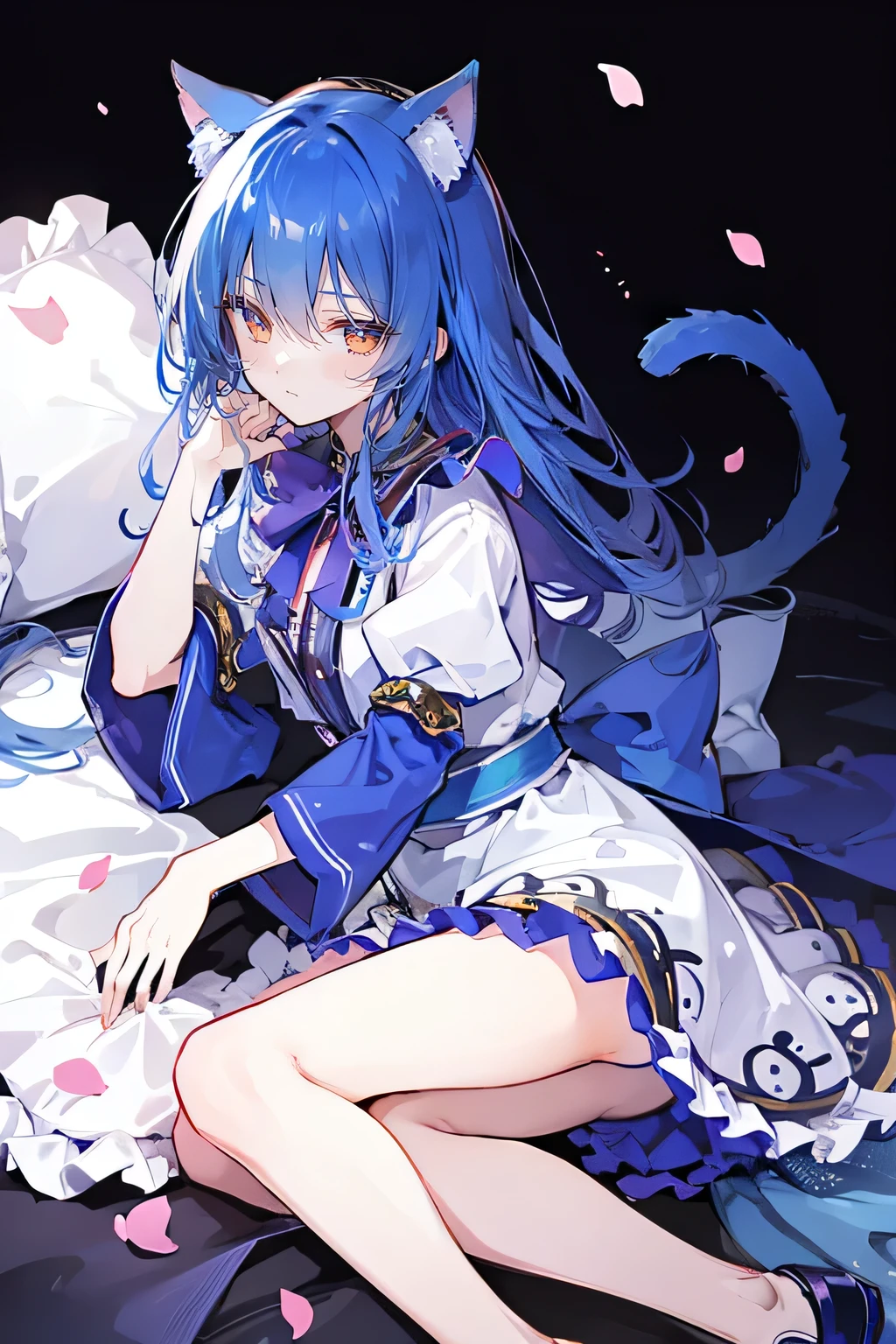 (masterpiece:1.2),Super detailed,lifelike,Expressive eyes,fair skin,perfect face shape,1 girl,
Japanese comics,Gorgeous blue hair,flowing blue hair,flowing clothes,Cat ears,Petals fall,beautiful lola,Baby Angel,
Shaking head with one hand,Lying gracefully on the ground,Cross your legs,Gentle and peaceful background,The pavilion is cool and comfortable,smile.
