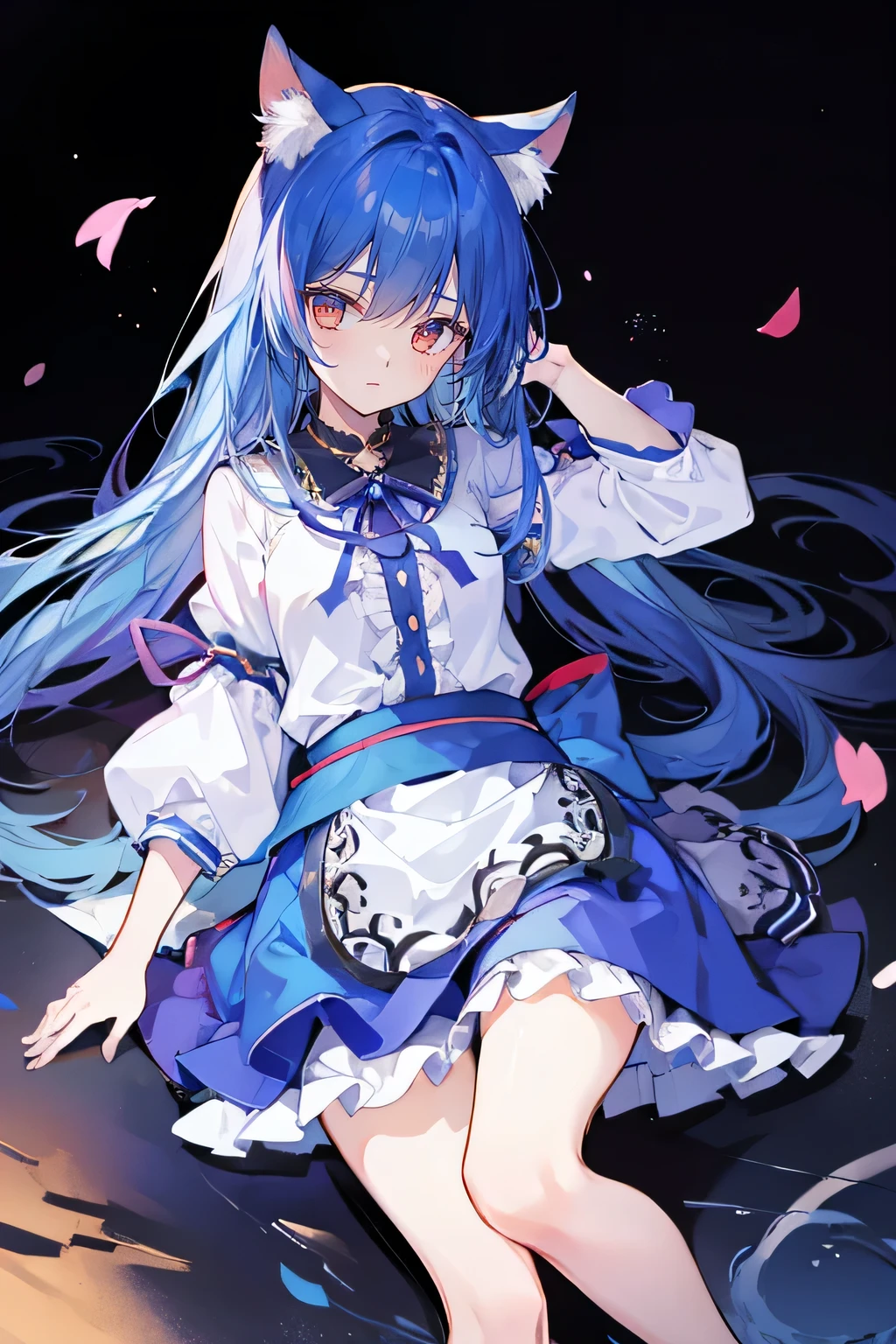 (masterpiece:1.2),Super detailed,lifelike,Expressive eyes,fair skin,perfect face shape,1 girl,
Japanese comics,Gorgeous blue hair,flowing blue hair,flowing clothes,Cat ears,Petals fall,beautiful lola,Baby Angel,
Shaking head with one hand,Lying gracefully on the ground,Cross your legs,Gentle and peaceful background,The pavilion is cool and comfortable,smile.