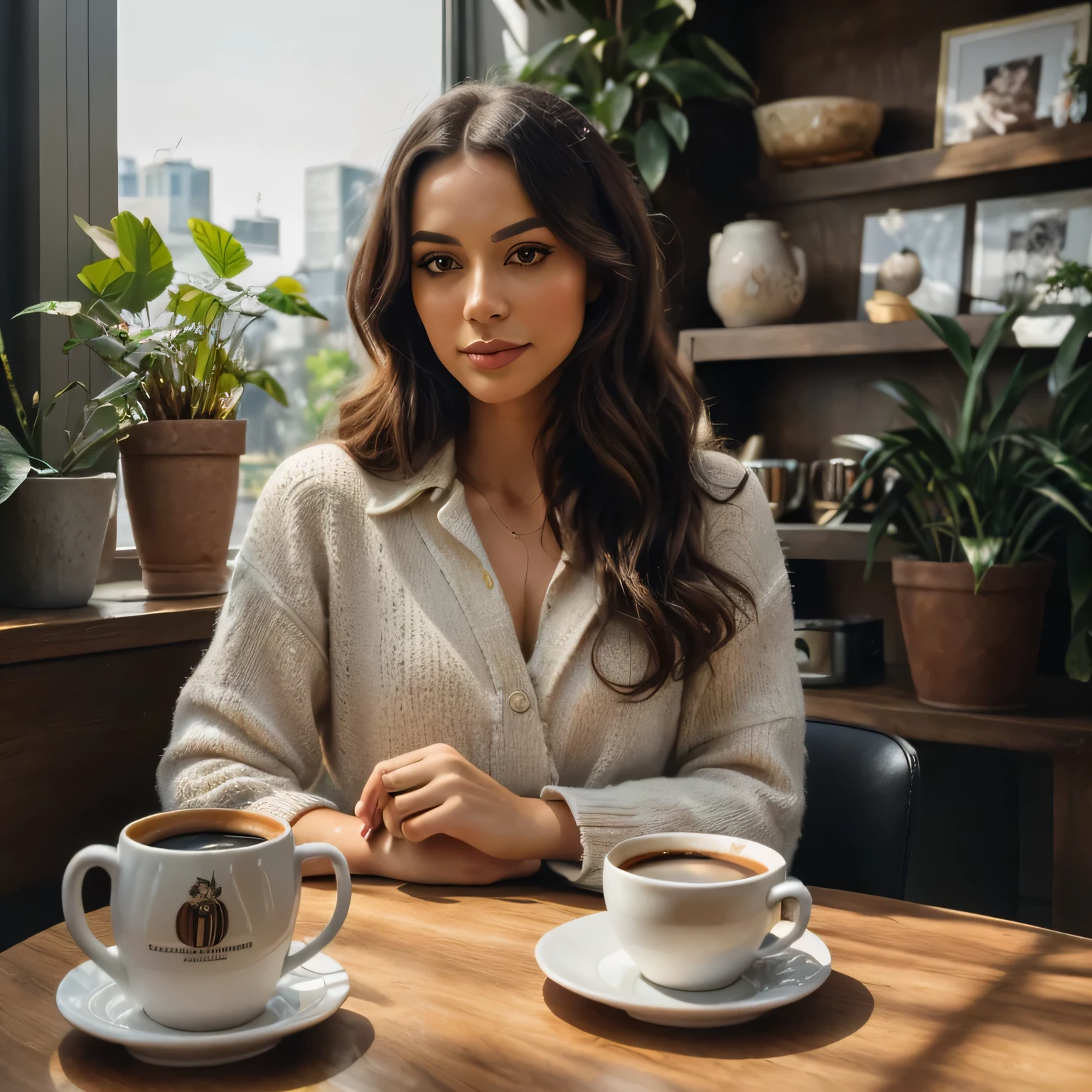 (best quality,4k,8k,High resolution,chef-d&#39;artwork:1.2),Ultra-detailed,(Realistic,photoRealistic,photo-Realistic:1.37),portrait,peinture,café,femme,assis à une table,poser pour une photo,elegant,Holding a cup of coffee,porter une tenue tendance,maquillage glamour,beaux yeux,dark hair styled in loose waves,couleurs vives,soft natural lighting,Bokeh,ambiance chaleureuse,table en bois,nappe à motifs fleuris,artistic coffee mug,la lumière du soleil du matin traverse la fenêtre,ombres douces,shelf full of vintage books,barista in espresso machine background,plantes suspendues,décoration murale artistique,l&#39;aroma of coffee fills the&#39;air,relaxing music playing in the background,Bokeh lights in the distance,Moment digne d&#39;Instagram,city outside the window,ambiance calme et paisible,elegant and modern interior design