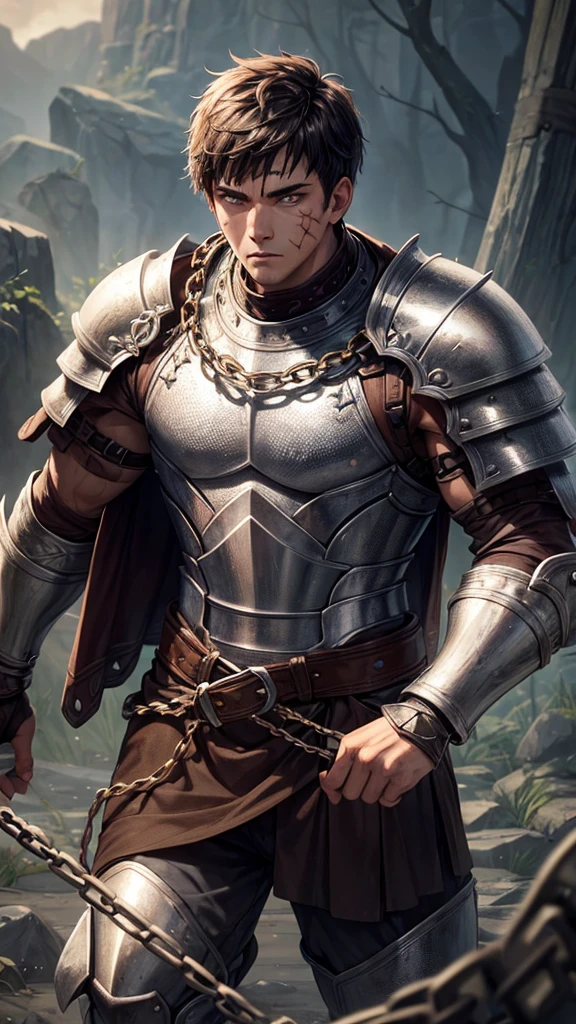 Man, warrior, young, strong build, in chain mail armor, Brown eyes, scar on face, short, dark crew-cut hair