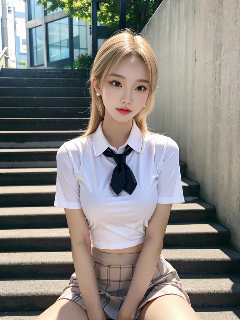 (best quality), high quality, very high resolution, (ultra detailed), 8k, (hyper realistic),Ray Tracing, japanese , Summer Shirts, skirt, Light Blonde, School stairs, going down School stairs, Chest thrust pose, Breast-flaunting pose,Cool Korean 16 year old, ((Very small breasts)), Beautiful eyes in every detail,Beautiful and slim legs, Beautiful and thin thighs, Random Medium Hair, Tie your hair behind your head, Earrings,