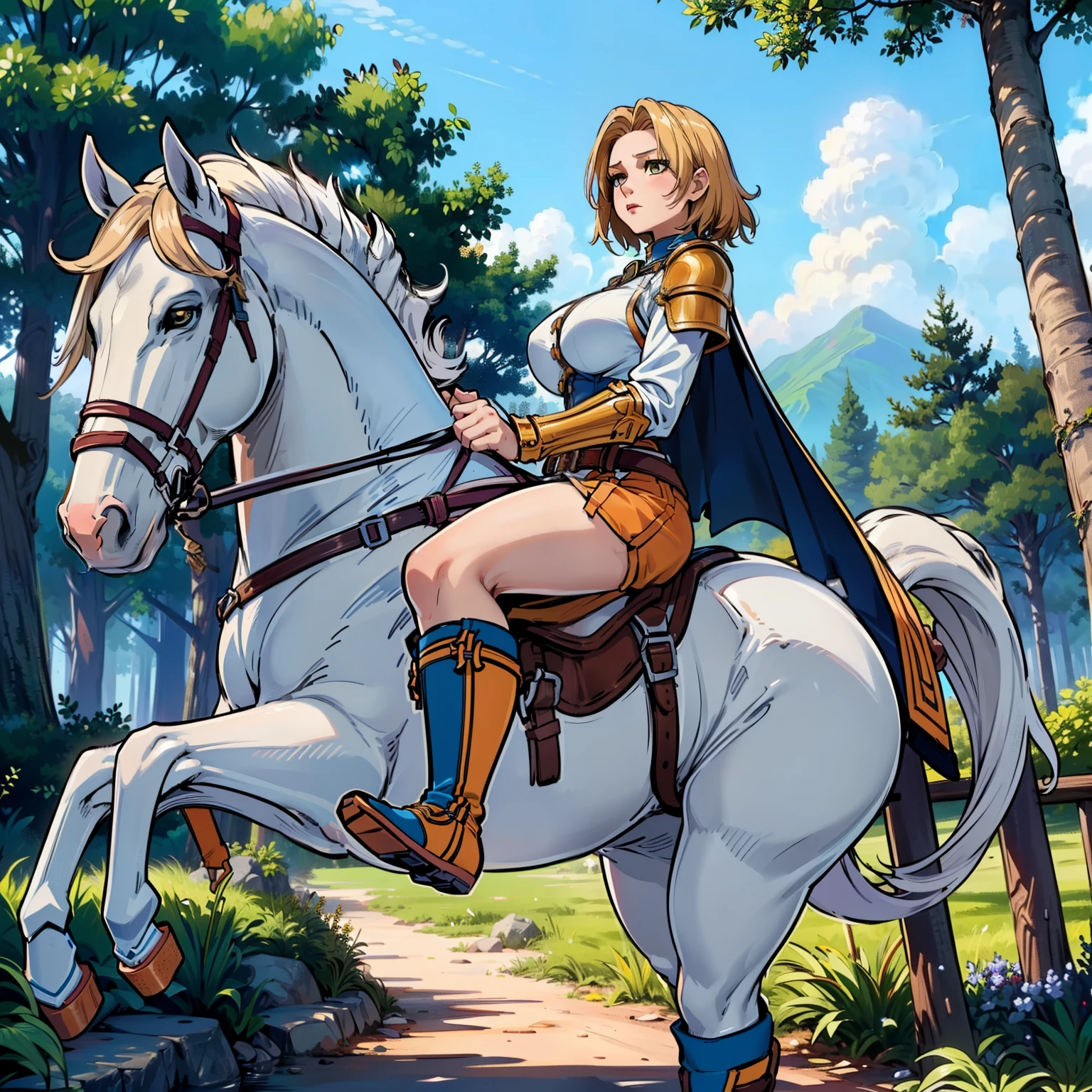 ((best quality)), ((anime masterpiece)), (detailed), cinematic lighting, vivid color, 8k, perfect face, large breast, a female knight riding a walking white horse in the woods+, (blue armor, orange shorts, leather boots), (white horse, saddle, stirups, reins: 1.5)++, forest, scenery, from side: 1.5, anatomically correct,