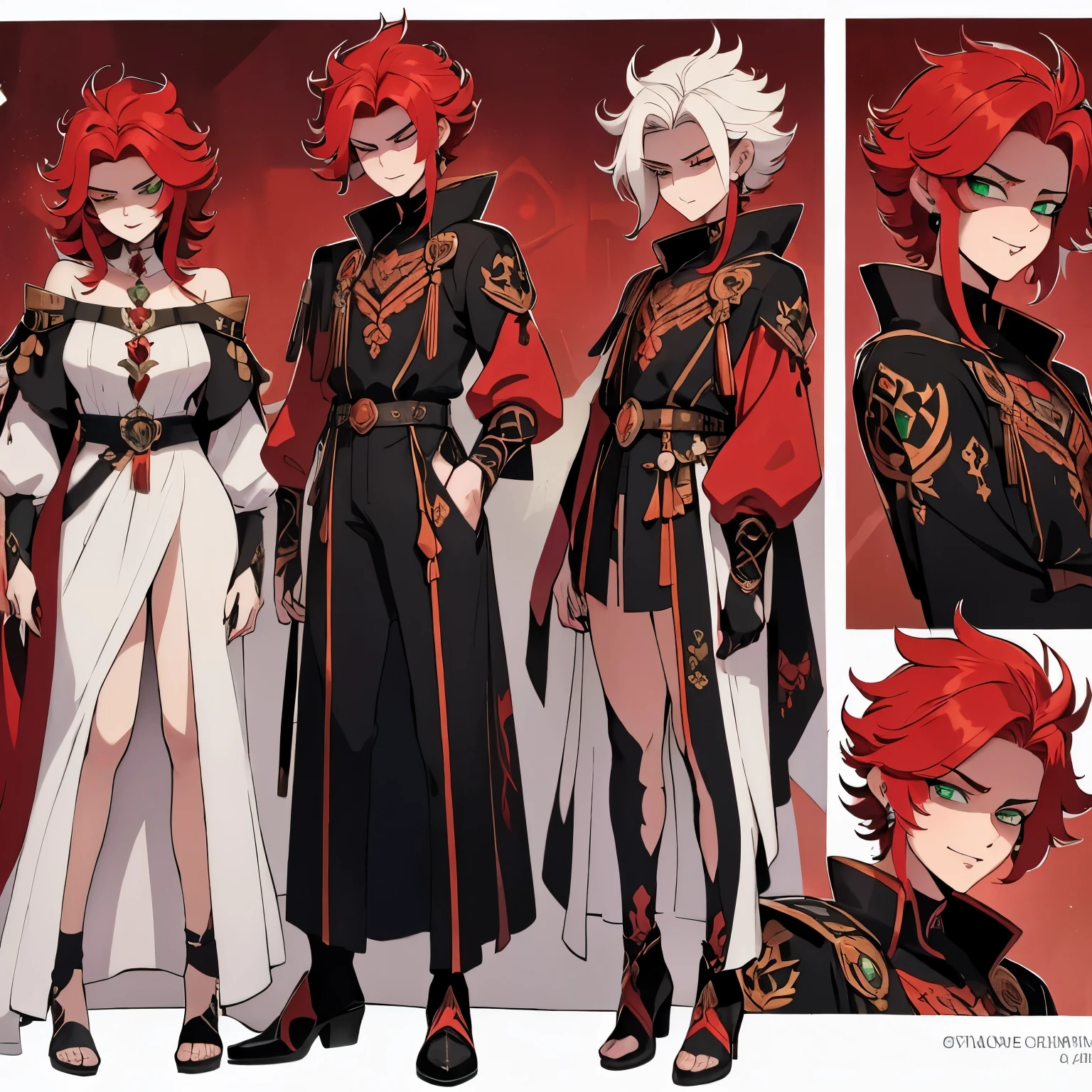Princes with red hair, tienen el pelo rojo, es mujer, son dos hombres, Accompanied by, ACCOMPANIES, (Accompanied by)(ACCOMPANIES, has green eyes, (Ojo perfecto) 3 hermanos, 3 brothers
